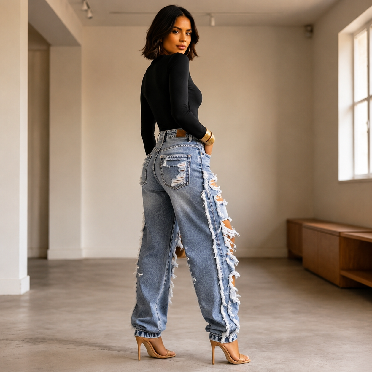 Distressed Straight-Leg Denim Jeans