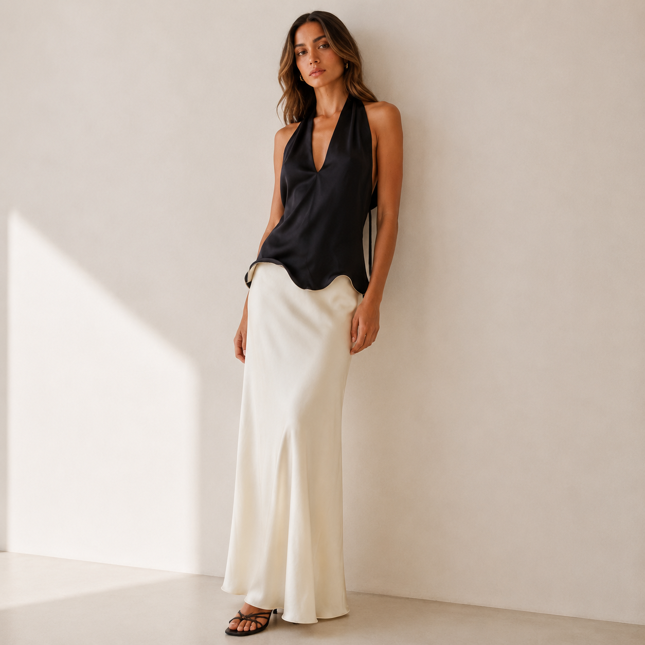 Draped Halter Satin Maxi Dress