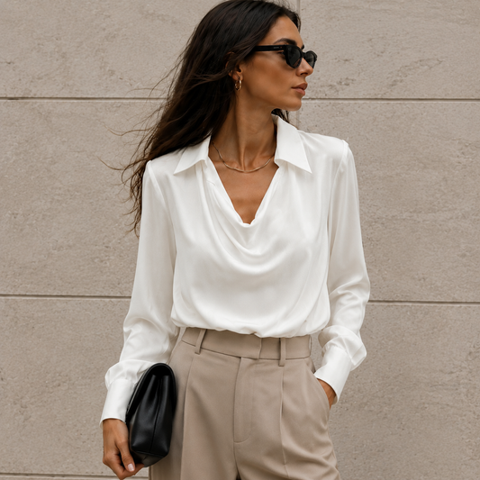 Draped V-Neck Satin Blouse