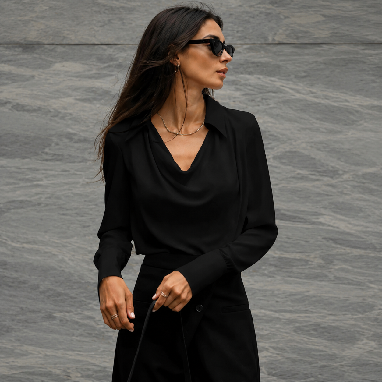 Draped V-Neck Satin Blouse