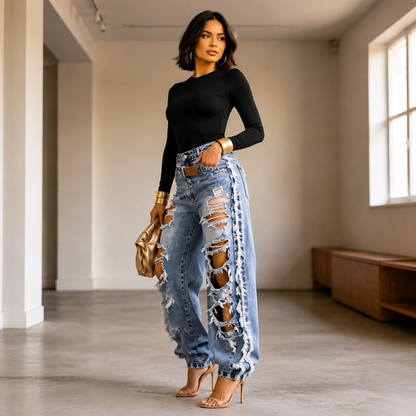 Distressed Straight-Leg Denim Jeans