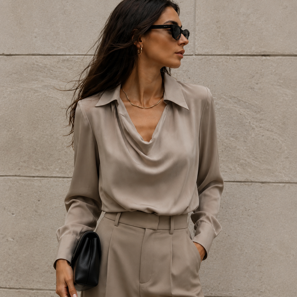 Draped V-Neck Satin Blouse